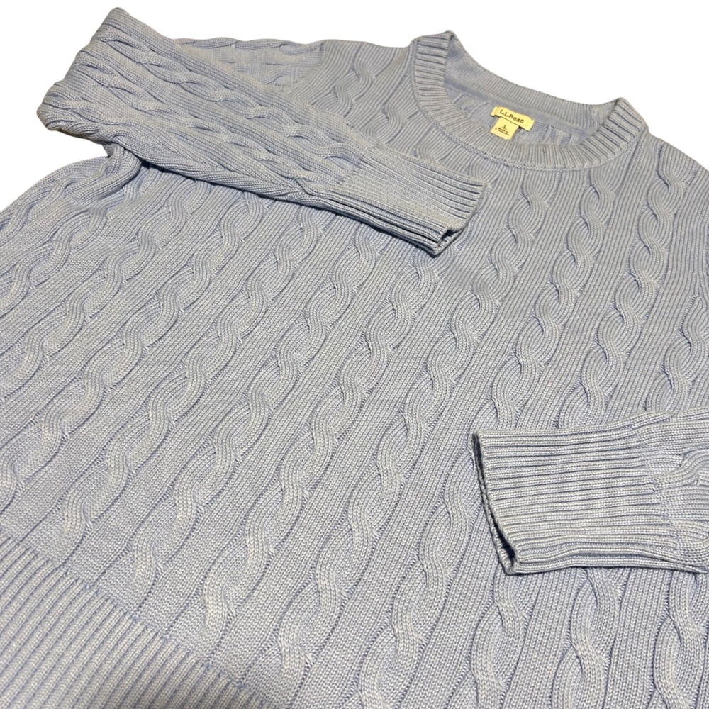 L.L. Bean Sweater Womens L Pet Light Blue Cable Knit Cotton Crewneck 527967
